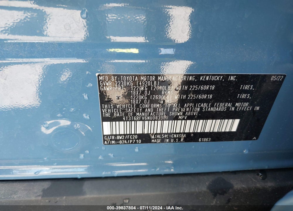 2022 TOYOTA RAV4 HYBRID SE VIN: 4T3T6RFV6NU083908