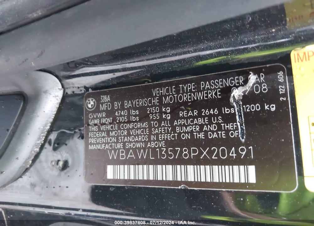 2008 BMW 328I VIN: WBAWL13578PX20491