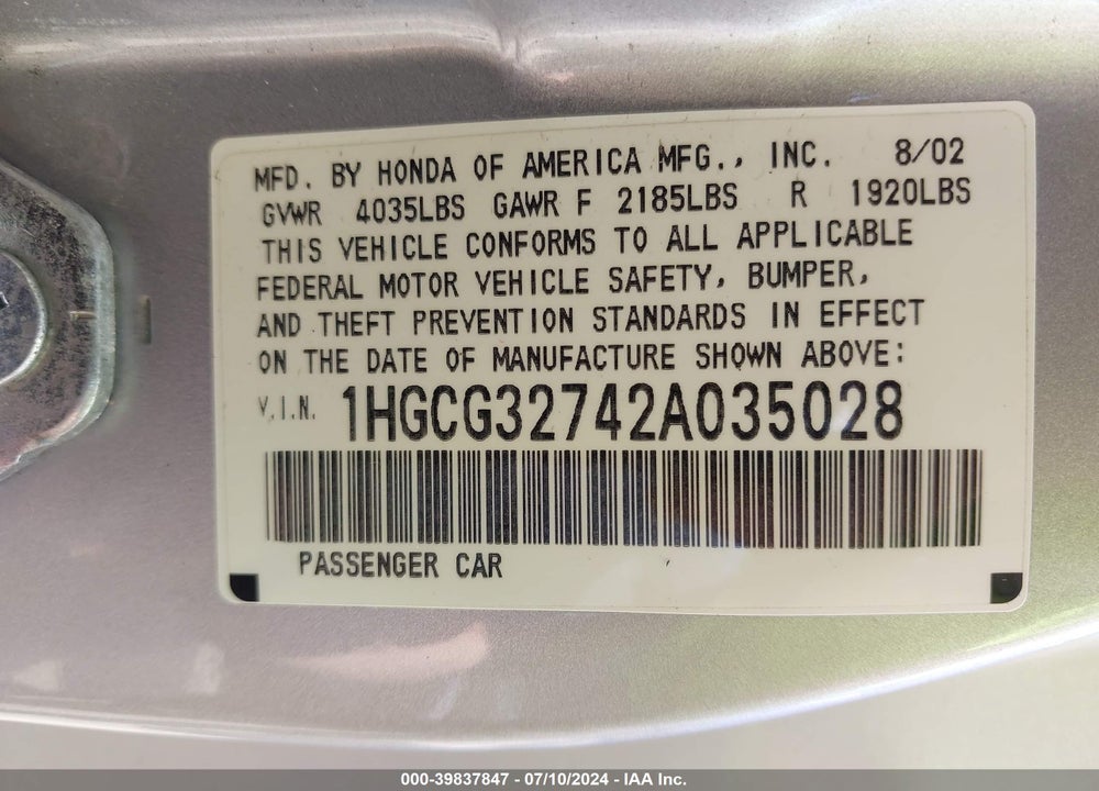 2002 HONDA ACCORD 2.3 EX VIN: 1HGCG32742A035028
