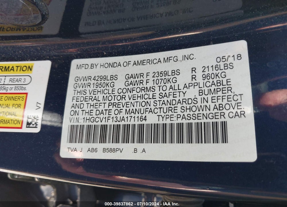 2018 HONDA ACCORD LX VIN: 1HGCV1F13JA171164