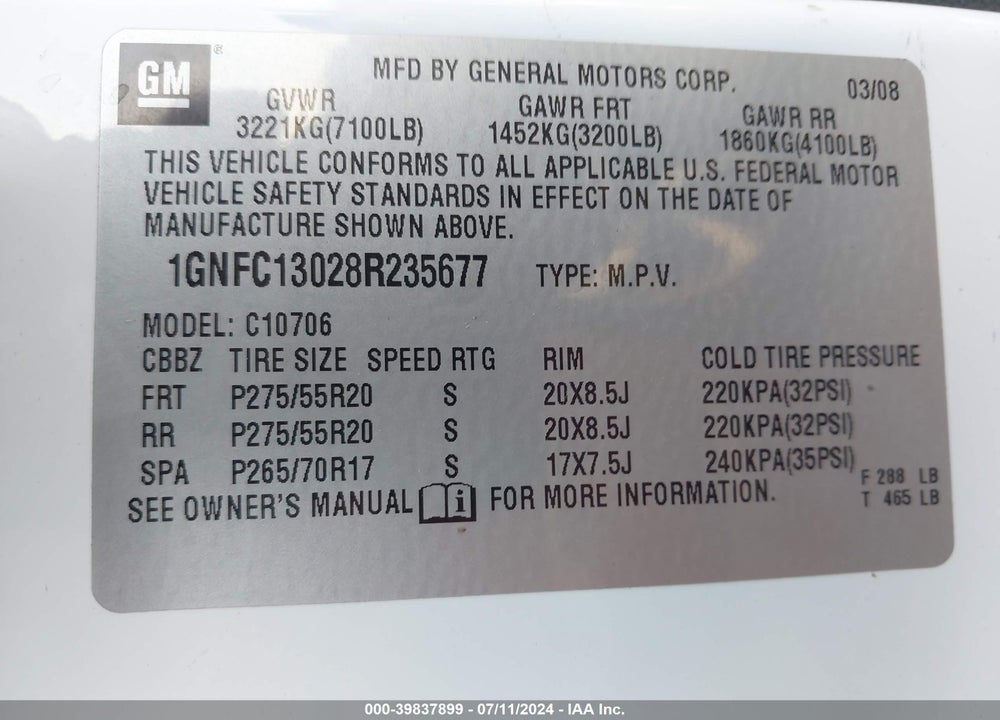 2008 CHEVROLET TAHOE LTZ VIN: 1GNFC13028R235677