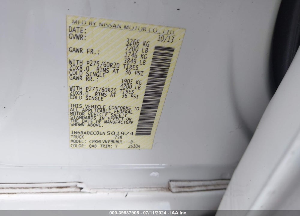 2014 NISSAN TITAN SL VIN: 1N6BA0EC0EN501924