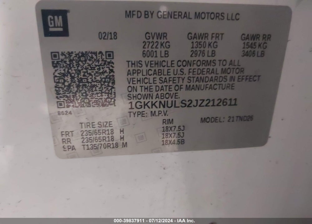 2018 GMC ACADIA VIN: 1GKKNULS2JZ212611