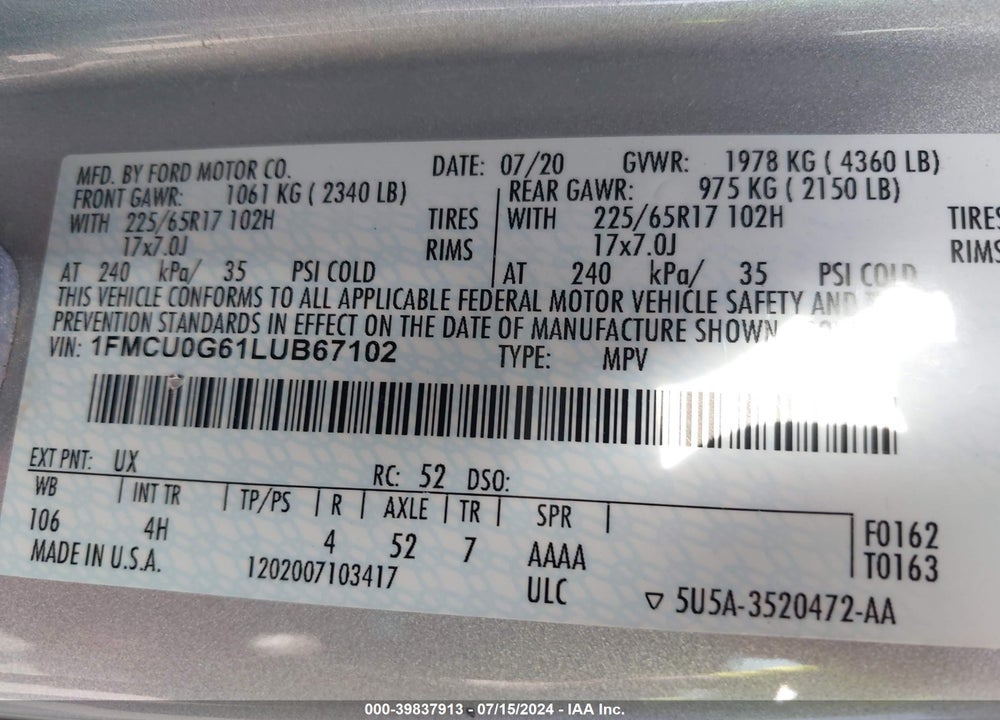 2020 FORD ESCAPE SE VIN: 1FMCU0G61LUB67102