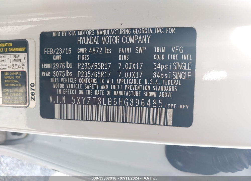 2017 HYUNDAI SANTA FE SPORT 2.4L VIN: 5XYZT3LB6HG396485