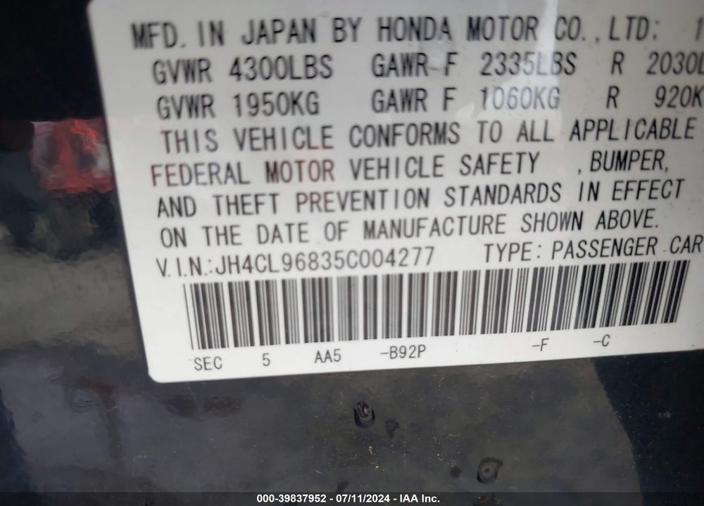 2005 ACURA TSX VIN: JH4CL96835C004277