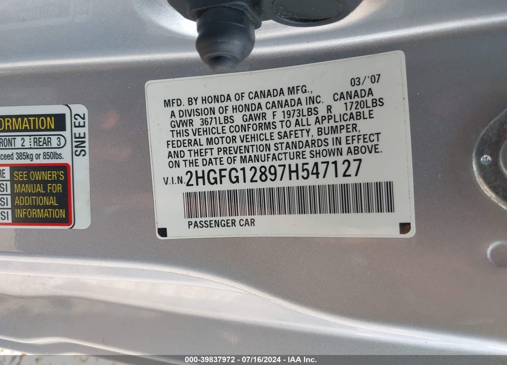 2007 HONDA CIVIC EX VIN: 2HGFG12897H547127