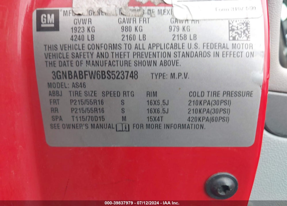 2011 CHEVROLET HHR LT VIN: 3GNBABFW6BS523748