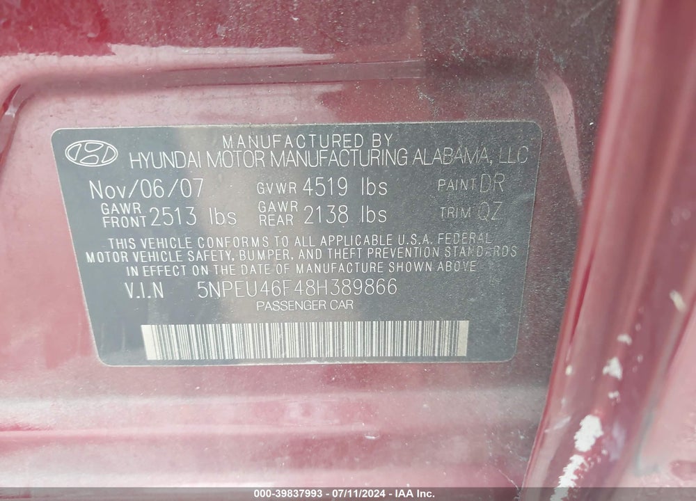 2008 HYUNDAI SONATA LIMITED V6/SE V6 VIN: 5NPEU46F48H389866