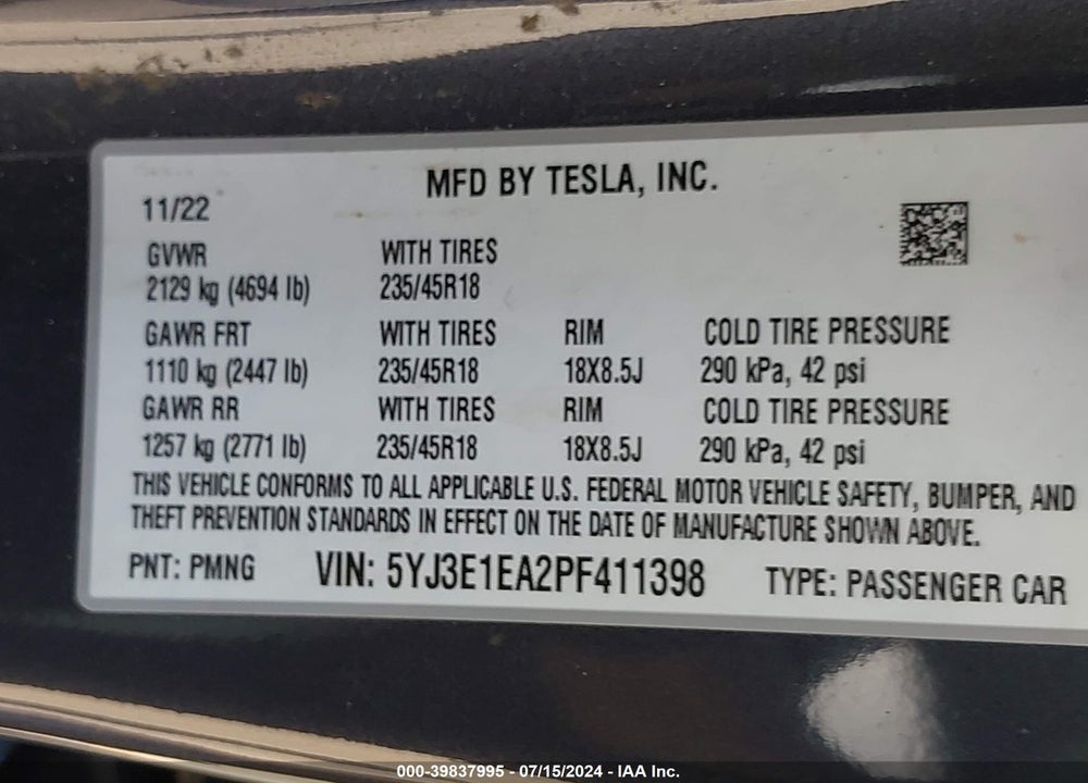 2023 TESLA MODEL 3 REAR-WHEEL DRIVE VIN: 5YJ3E1EA2PF411398