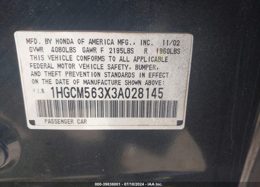 2003 HONDA ACCORD 2.4 LX VIN: 1HGCM563X3A028145