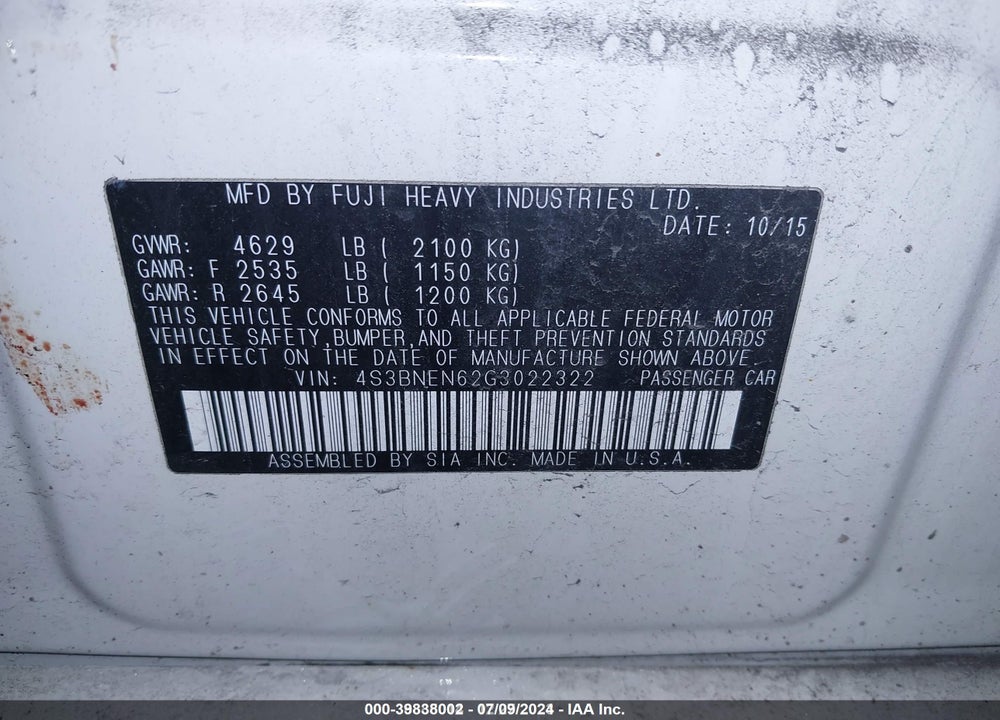 2016 SUBARU LEGACY 3.6R LIMITED VIN: 4S3BNEN62G3022322