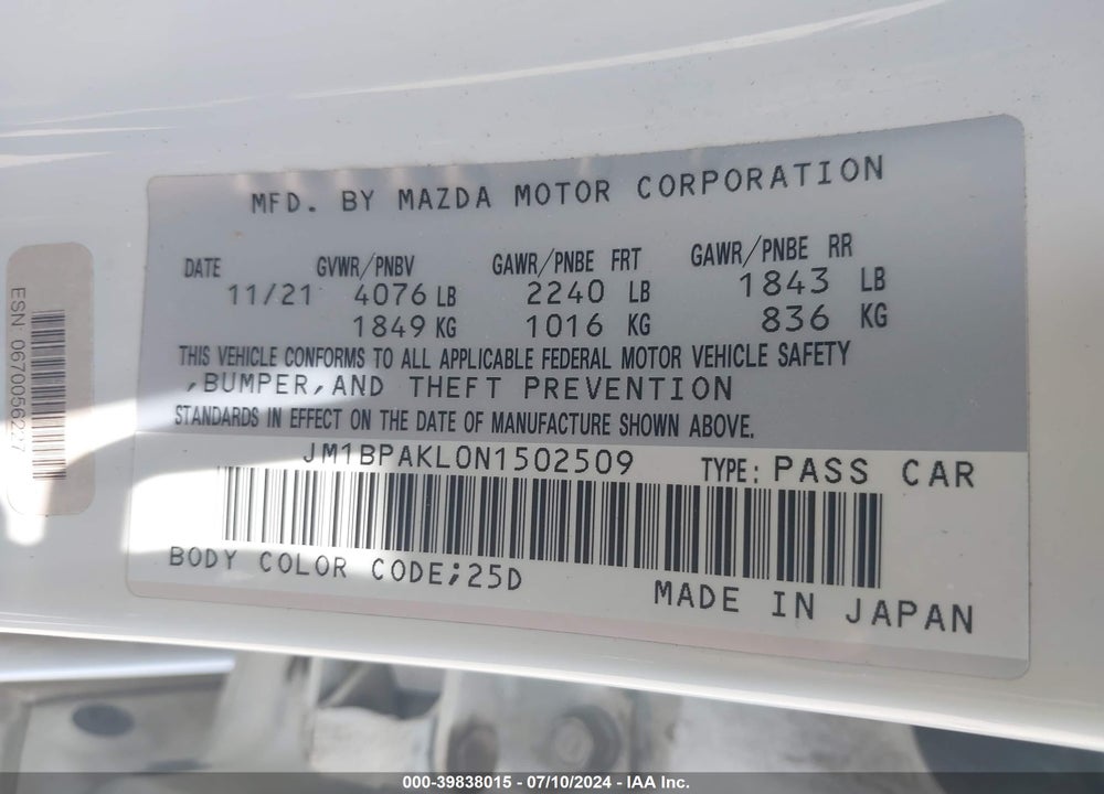 2022 MAZDA 3 SELECT VIN: JM1BPAKL0N1502509