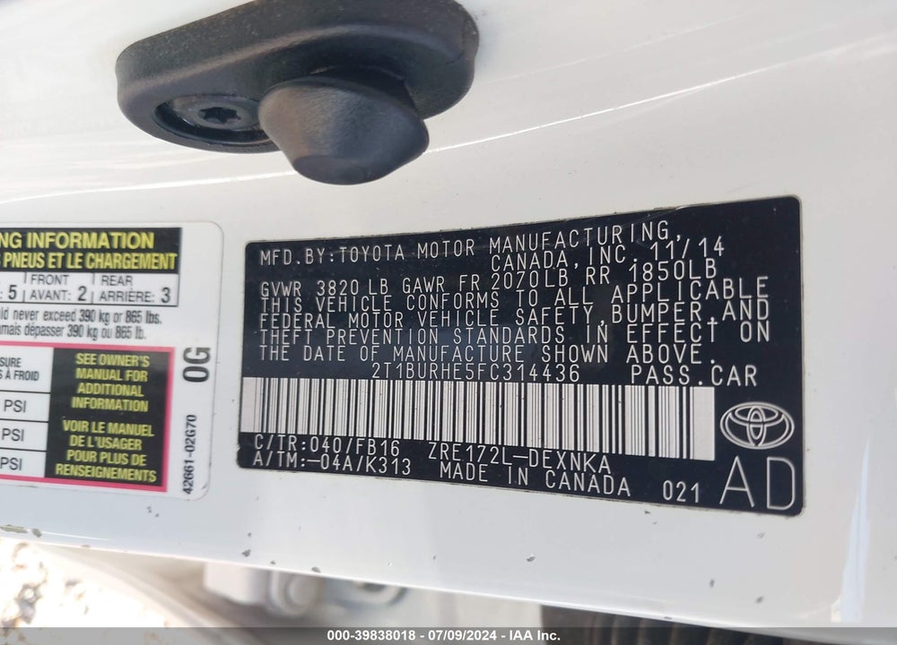 2015 TOYOTA COROLLA LE VIN: 2T1BURHE5FC314436