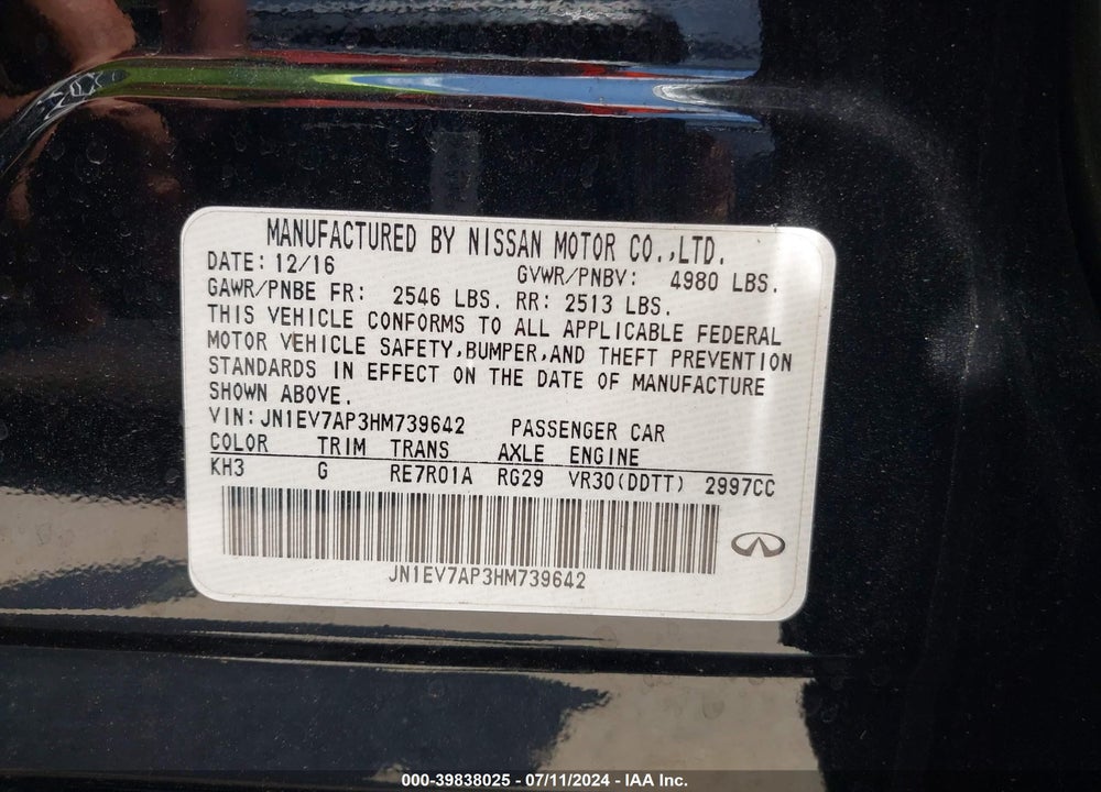 2017 INFINITI Q50 3.0T PREMIUM VIN: JN1EV7AP3HM739642