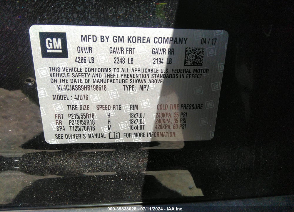 2017 BUICK ENCORE PREFERRED VIN: KL4CJASB9HB198618