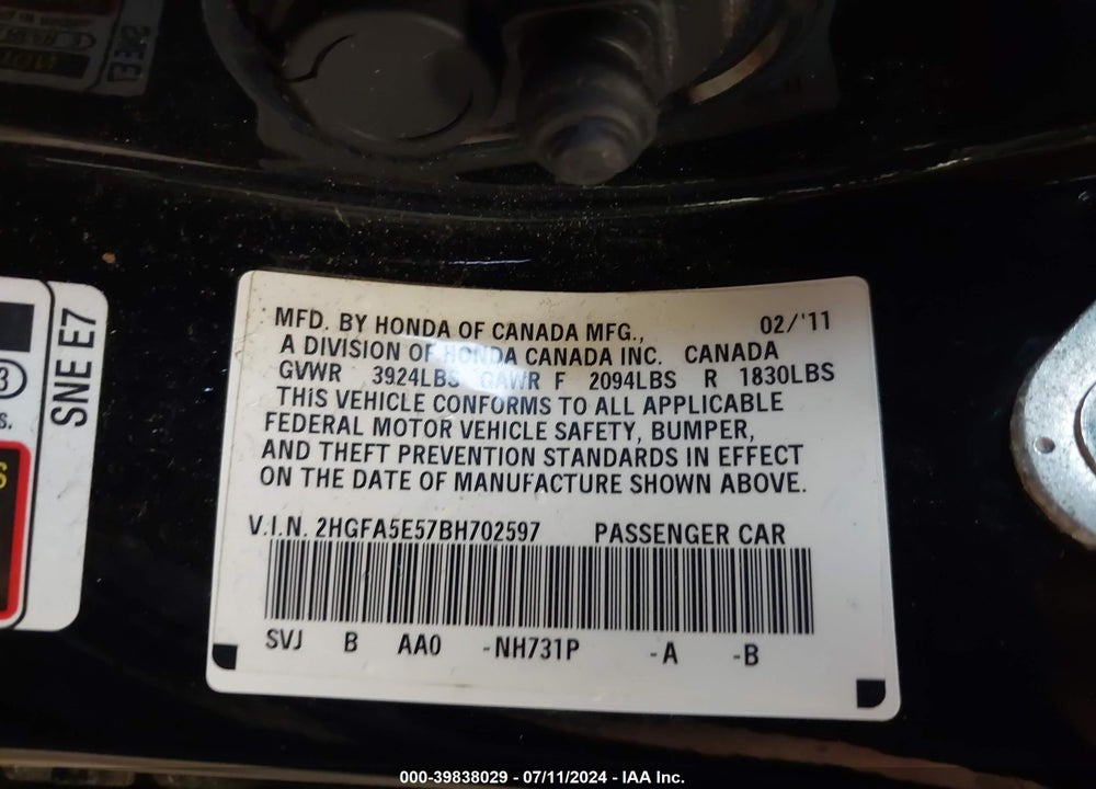 2011 HONDA CIVIC SI VIN: 2HGFA5E57BH702597