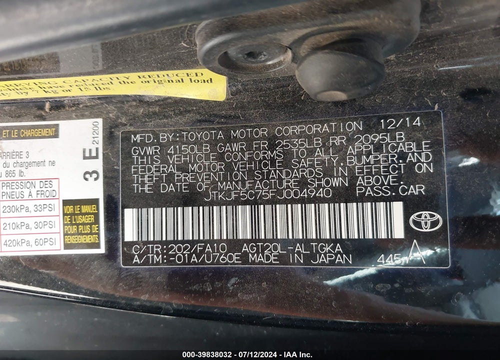 2015 SCION TC VIN: JTKJF5C75FJ004940