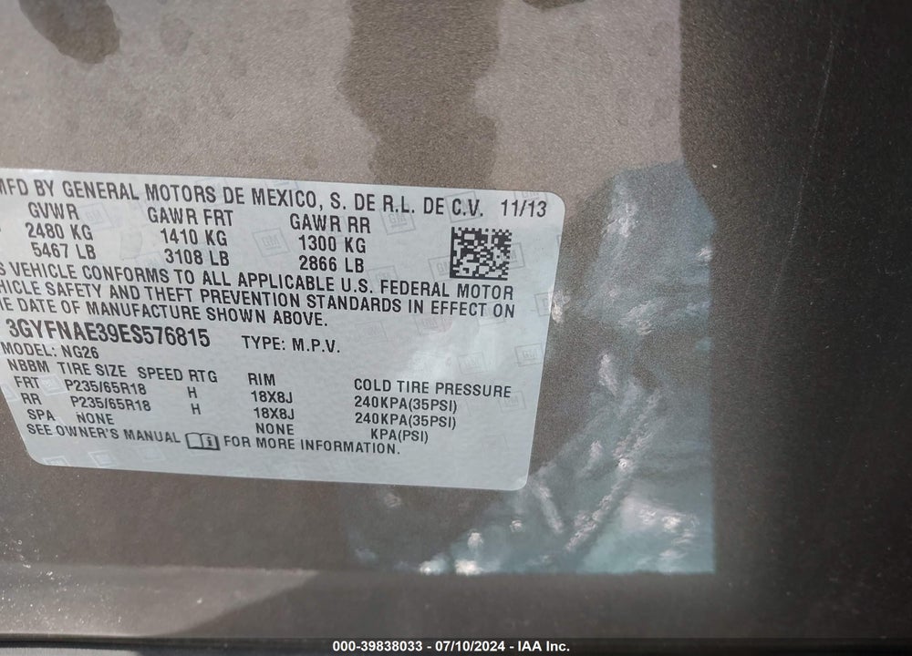 2014 CADILLAC SRX STANDARD VIN: 3GYFNAE39ES576815