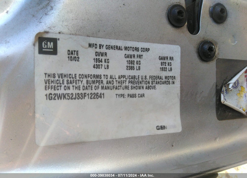 2003 PONTIAC GRAND PRIX SE VIN: 1G2WK52J33F122641