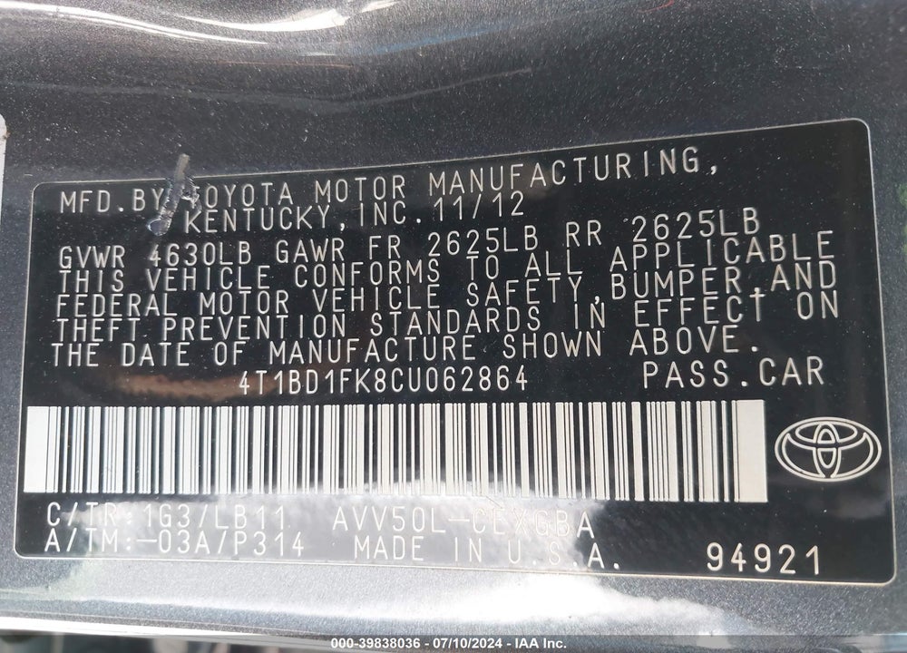 2012 TOYOTA CAMRY HYBRID XLE VIN: 4T1BD1FK8CU062864