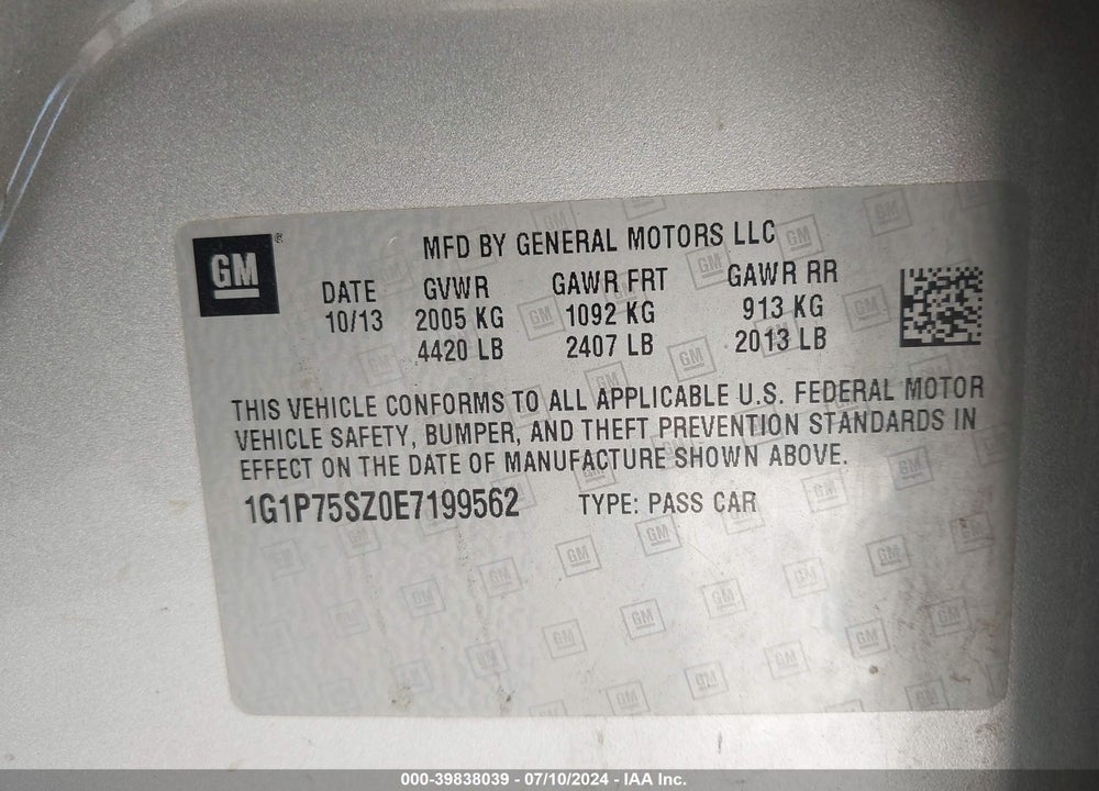 2014 CHEVROLET CRUZE DIESEL VIN: 1G1P75SZ0E7199562