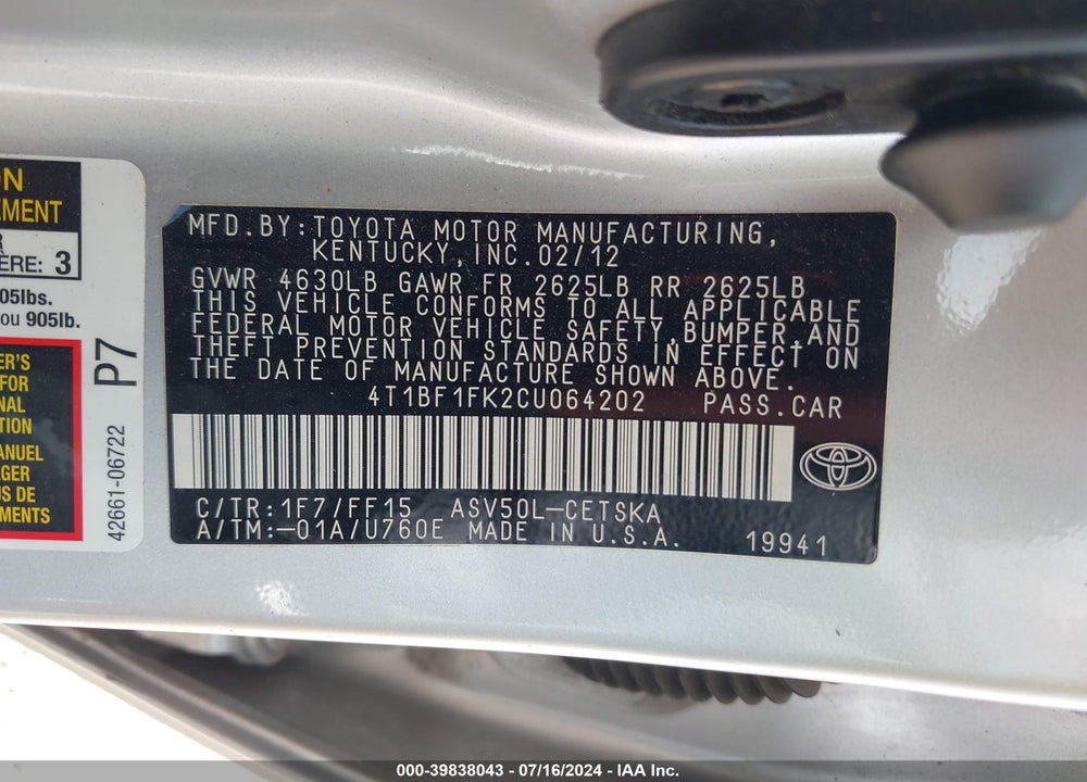 2012 TOYOTA CAMRY SE VIN: 4T1BF1FK2CU064202