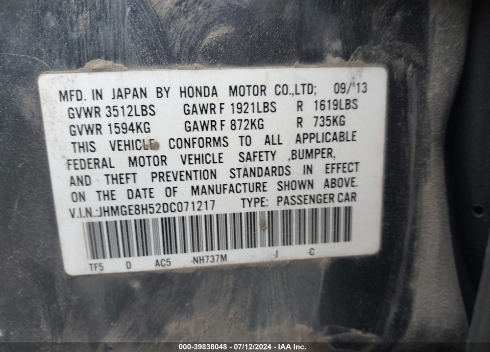 2013 HONDA FIT SPORT VIN: JHMGE8H52DC071217