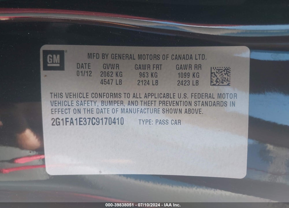 2012 CHEVROLET CAMARO 2LS VIN: 2G1FA1E37C9170410