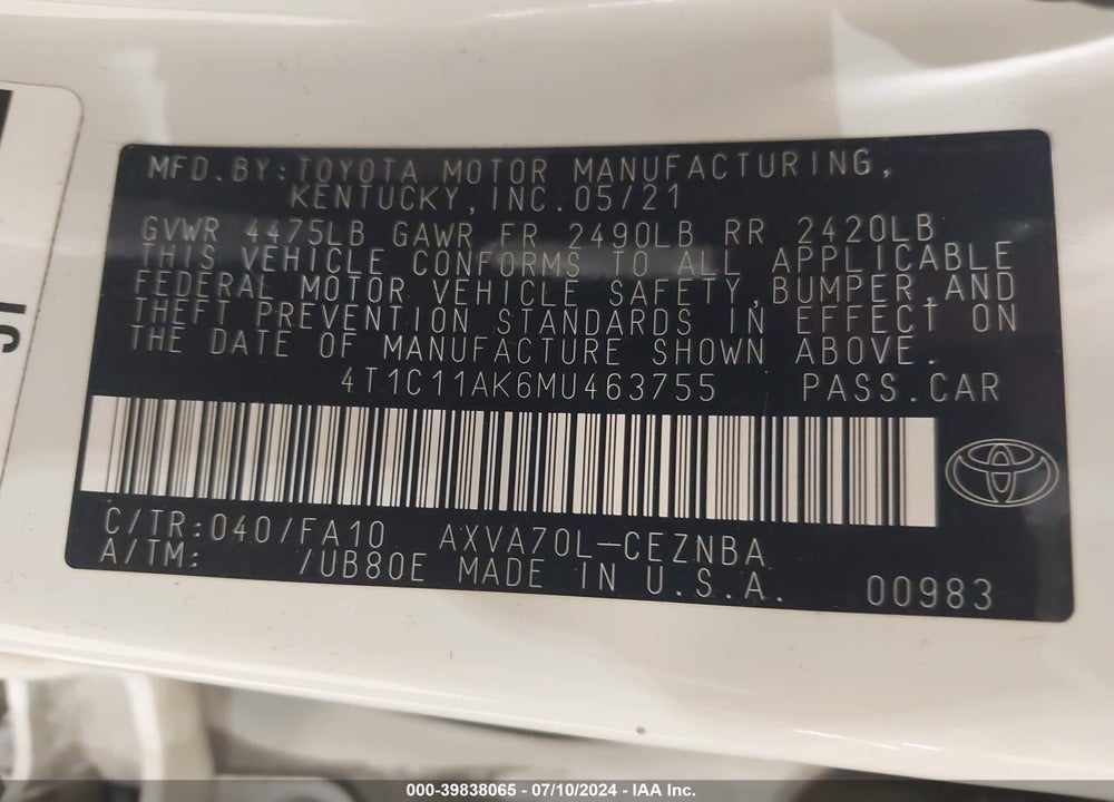 2021 TOYOTA CAMRY LE VIN: 4T1C11AK6MU463755