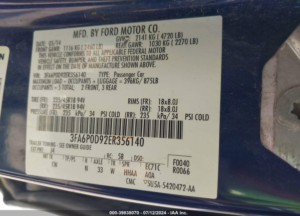 2014 FORD FUSION TITANIUM VIN: 3FA6P0D92ER356140