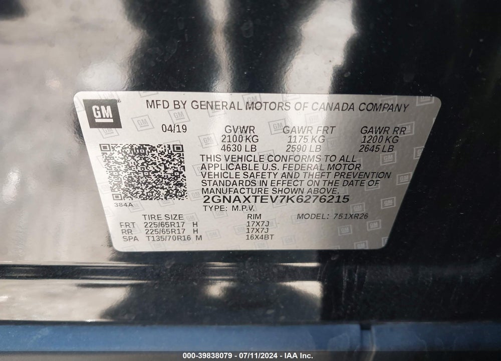 2019 CHEVROLET EQUINOX LT VIN: 2GNAXTEV7K6276215
