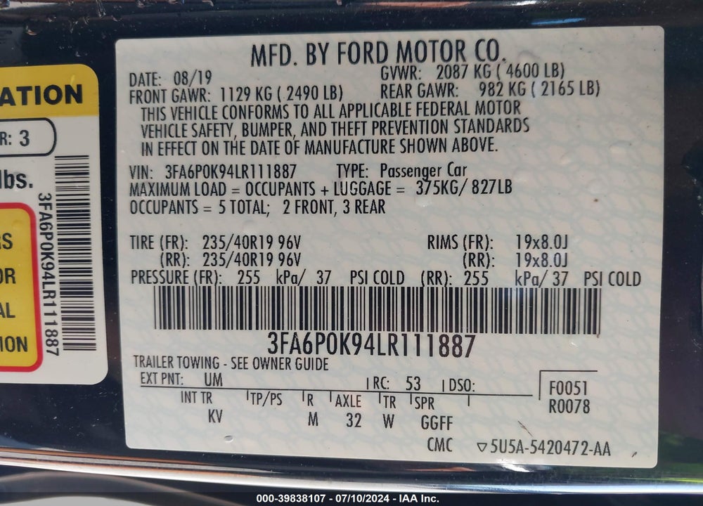 2020 FORD FUSION TITANIUM VIN: 3FA6P0K94LR111887