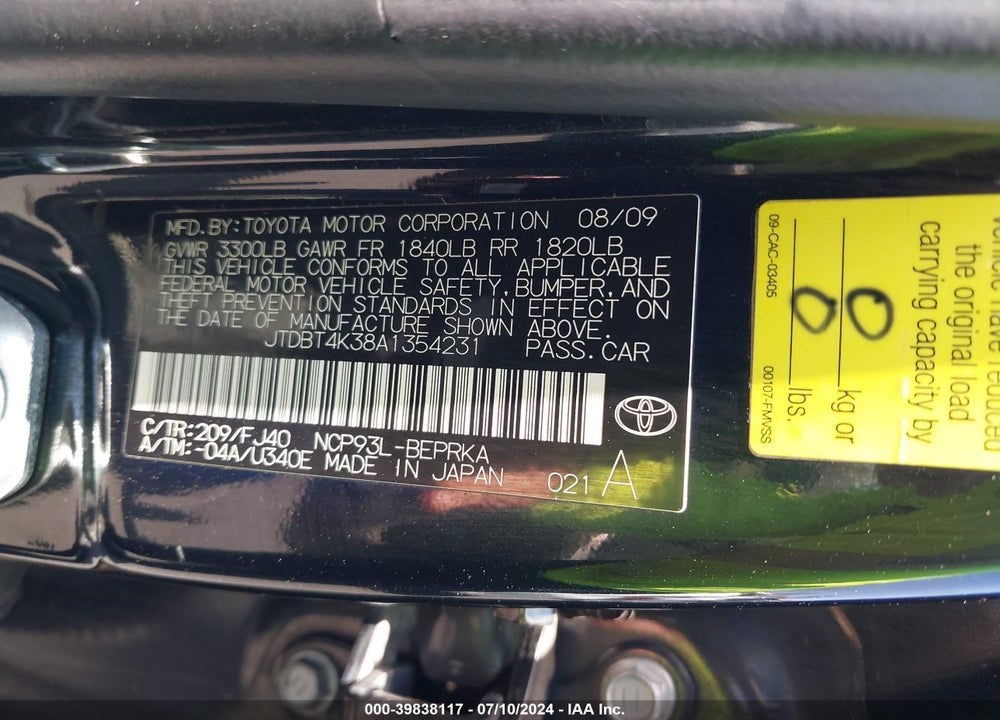 2010 TOYOTA YARIS VIN: JTDBT4K38A1354231