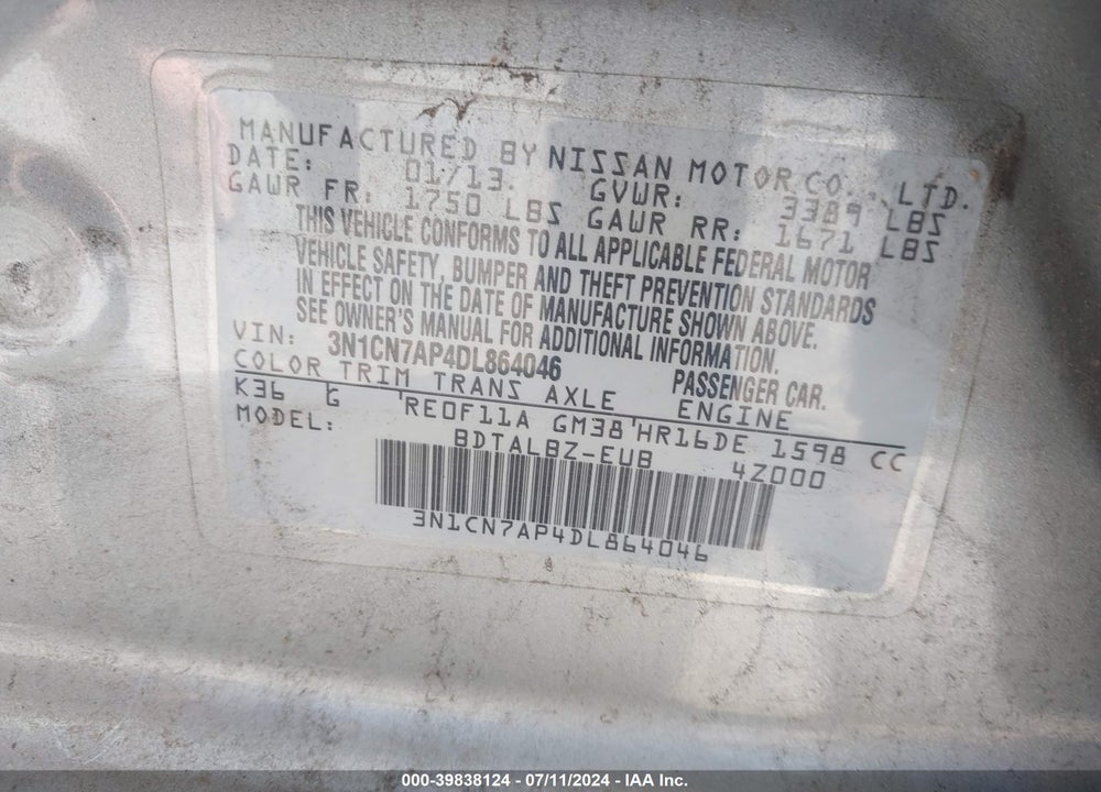 2013 NISSAN VERSA 1.6 SV VIN: 3N1CN7AP4DL864046