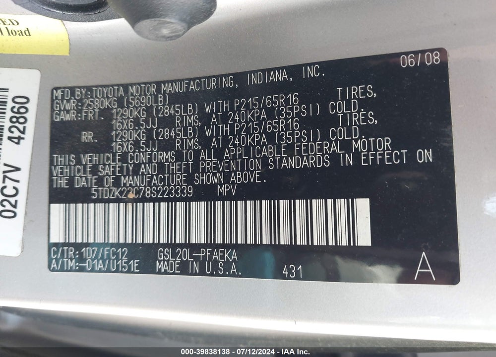 2008 TOYOTA SIENNA LE VIN: 5TDZK23C78S223339