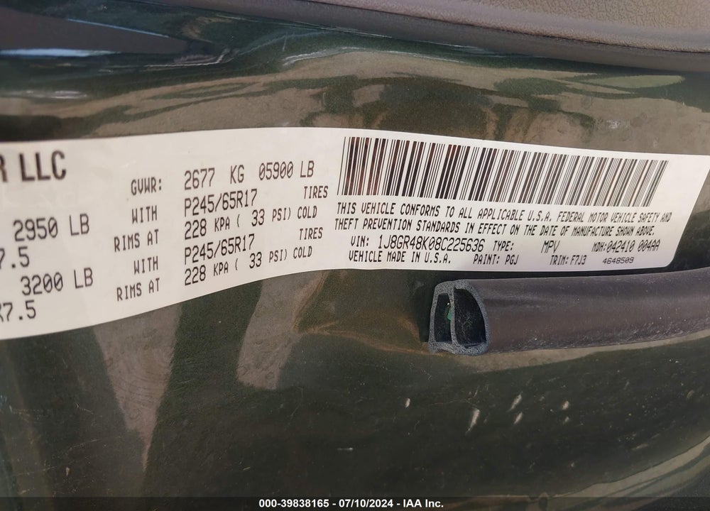 2008 CHEROKEE JEEP GRAND  LAREDO VIN: 1J8GR48K08C225636