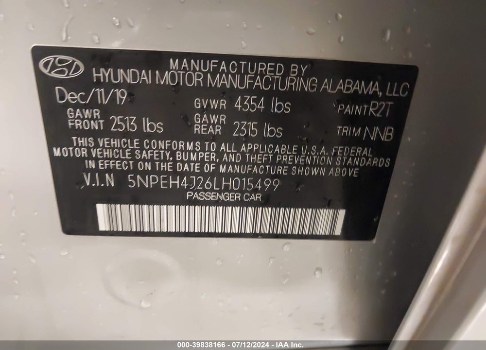 2020 HYUNDAI SONATA LIMITED VIN: 5NPEH4J26L8015499