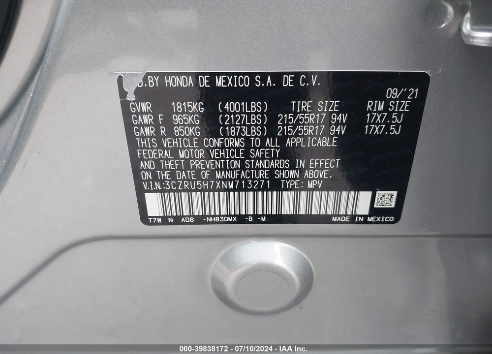 2022 HONDA HR-V 2WD EX-L VIN: 3CZRU5H7XNM713271