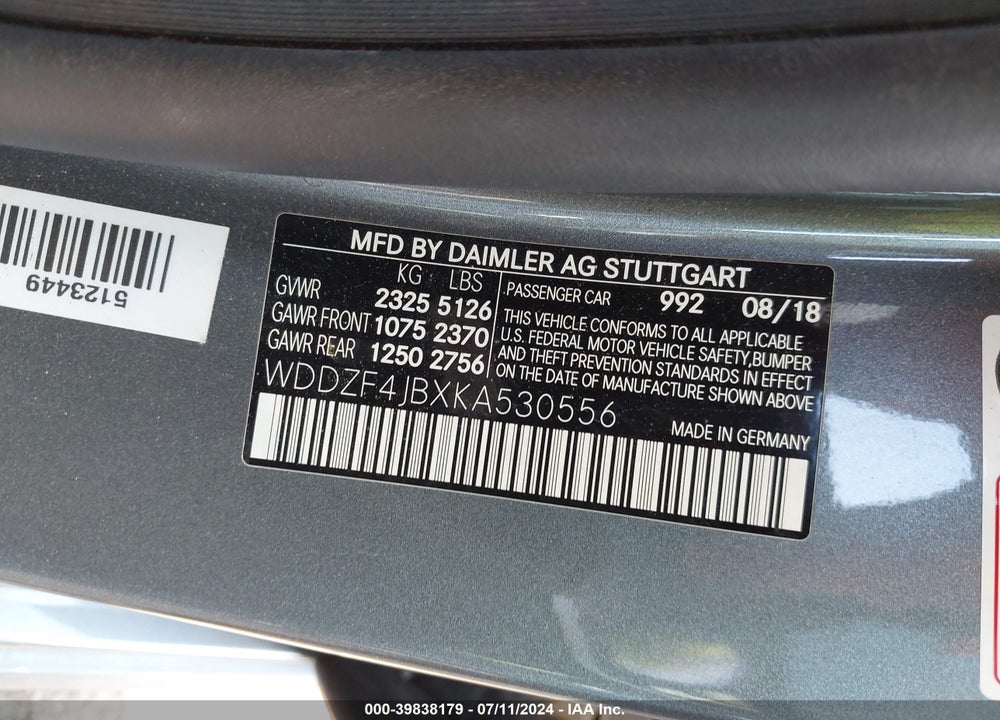 2019 MERCEDES-BENZ E 300 VIN: WDDZF4JBXKA530556