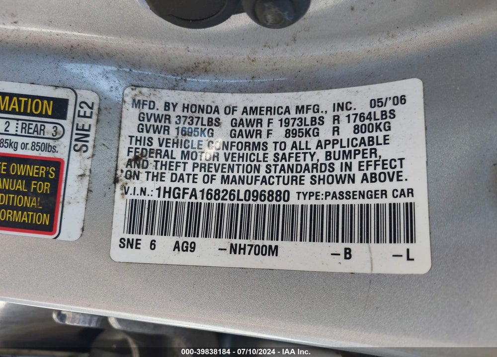 2006 HONDA CIVIC EX VIN: 1HGFA16826L096880