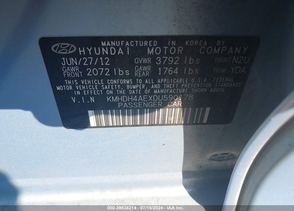 2013 HYUNDAI ELANTRA GLS VIN: KMHDH4AEXDU590178