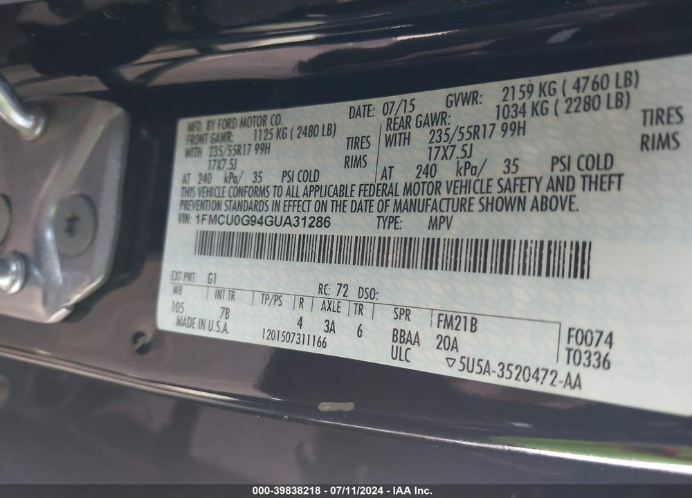 2016 FORD ESCAPE SE VIN: 1FMCU0G94GUA31286
