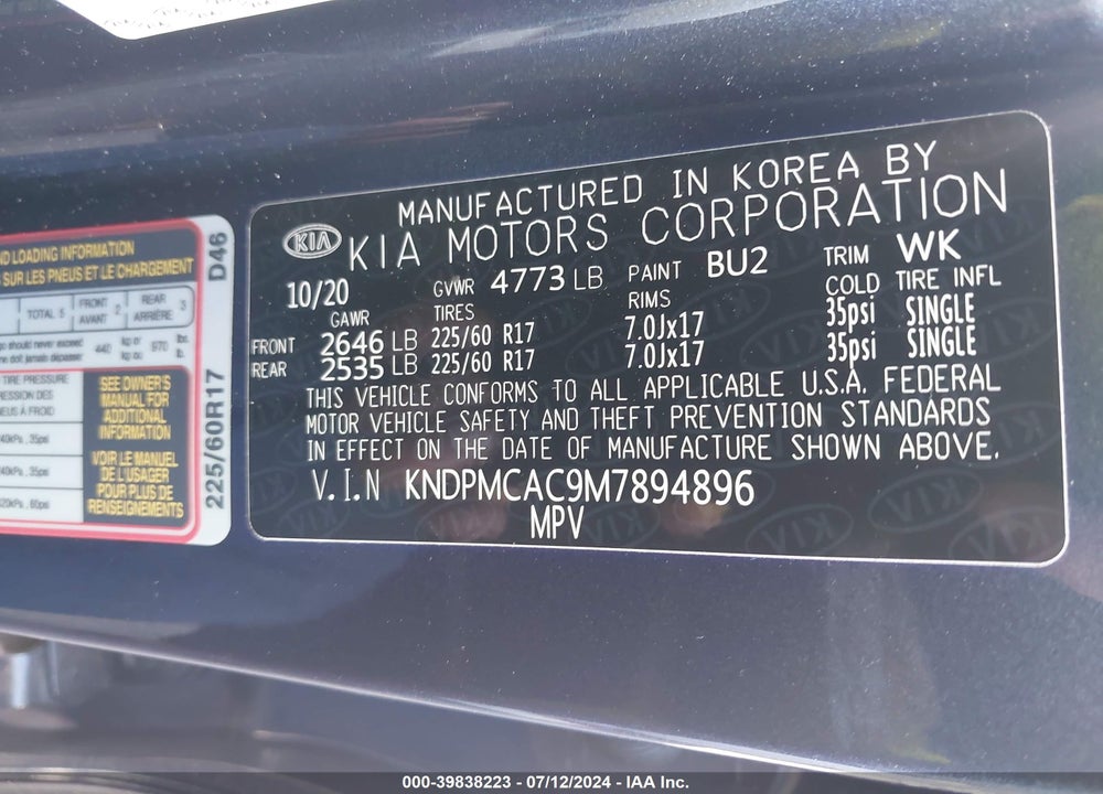 2021 KIA SPORTAGE LX VIN: KNDPMCAC9M7894896