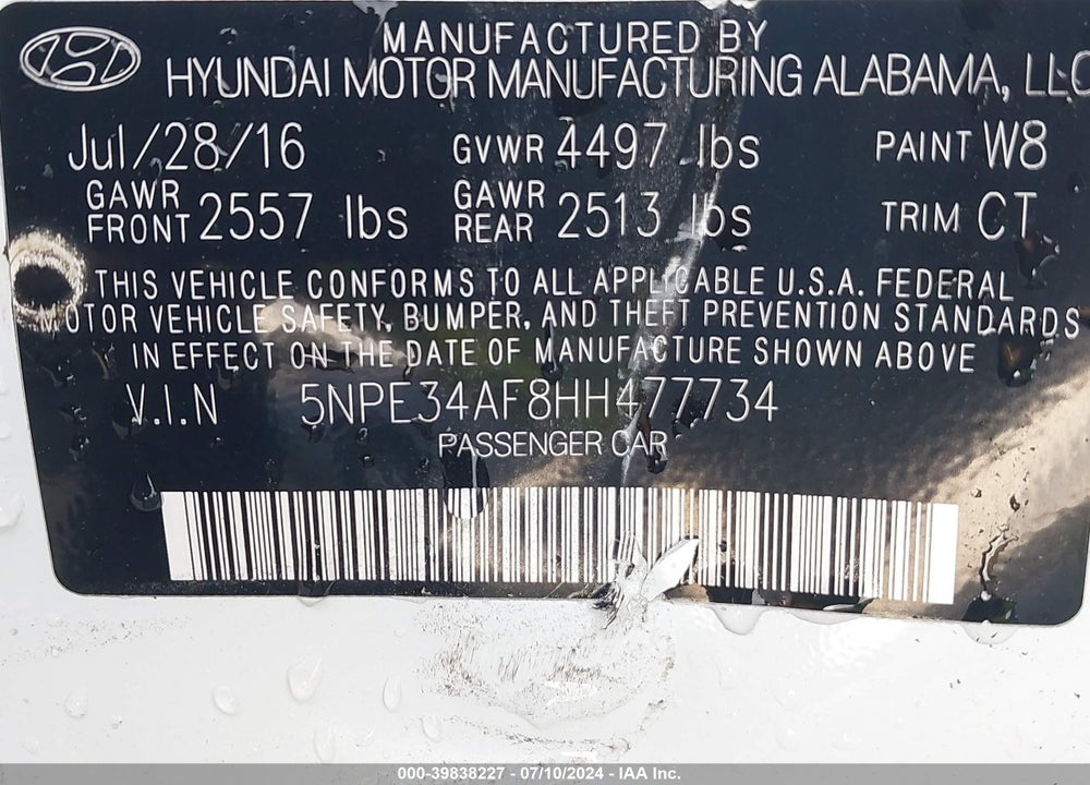2017 HYUNDAI SONATA SPORT VIN: 5NPE34AF8HH477734
