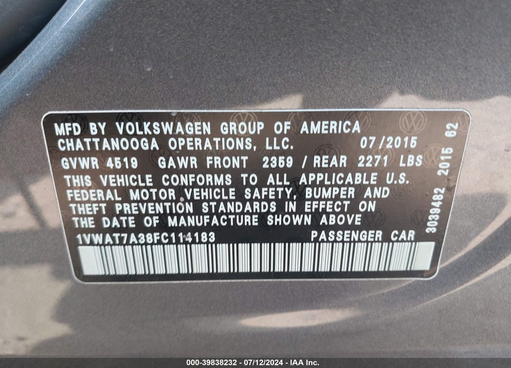 2015 VOLKSWAGEN PASSAT 1.8T LIMITED EDITION VIN: 1VWAT7A38FC114183