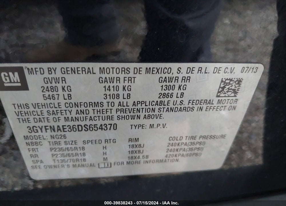 2013 CADILLAC SRX STANDARD VIN: 3GYFNAE36DS654370