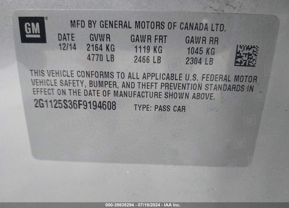 2015 CHEVROLET IMPALA 2LT VIN: 2G1125S36F9194608