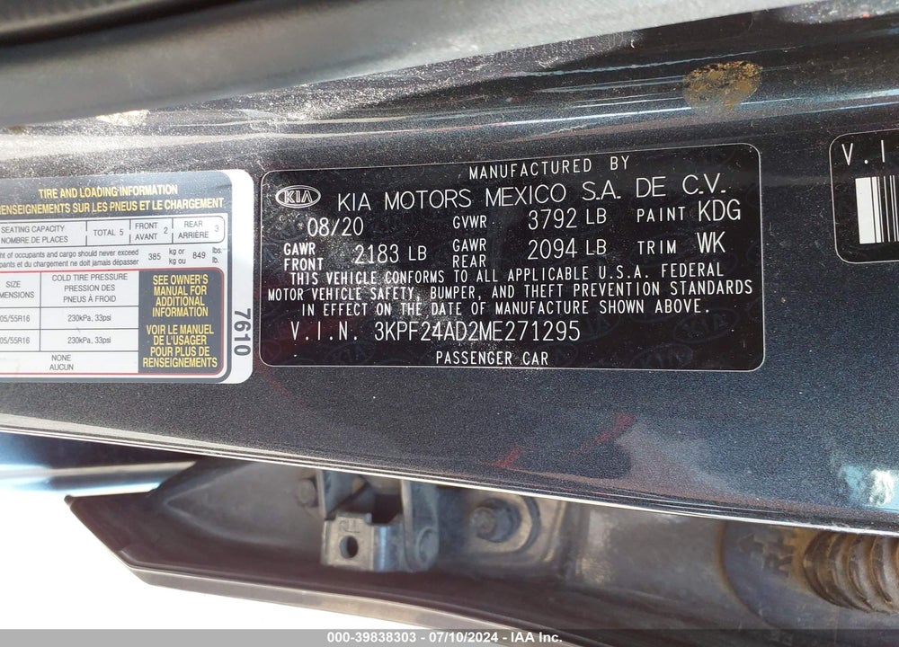 2021 KIA FORTE LXS VIN: 3KPF24AD2ME271295