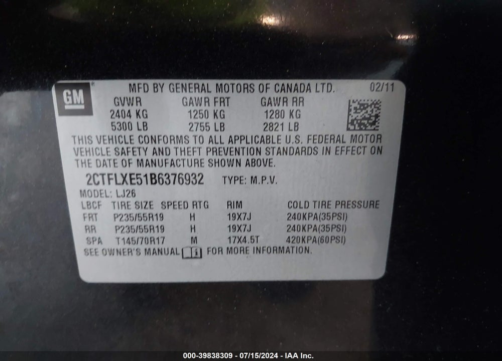 2011 GMC TERRAIN SLT-2 VIN: 2CTFLXE51B6376932